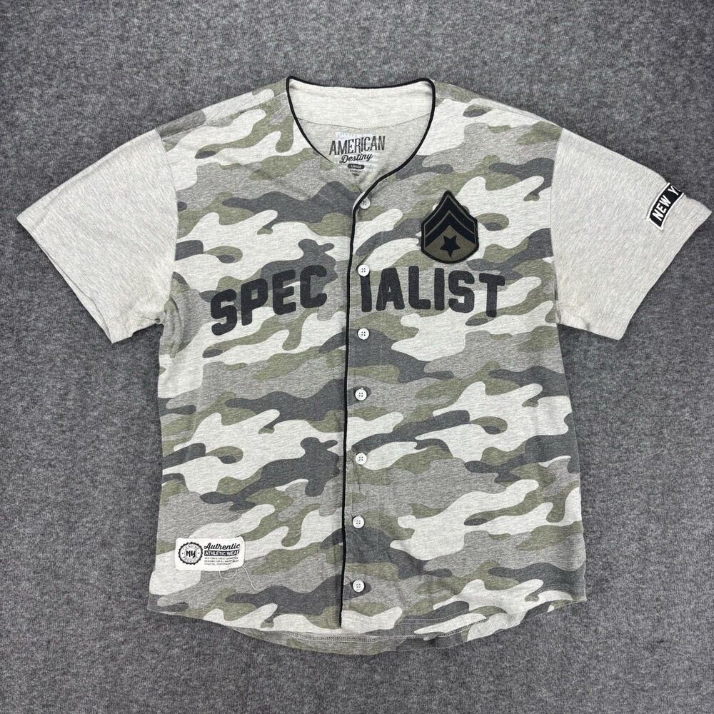 American Destiny Men’s Large Camo Baseball Jersey Shirt New York Military Patch